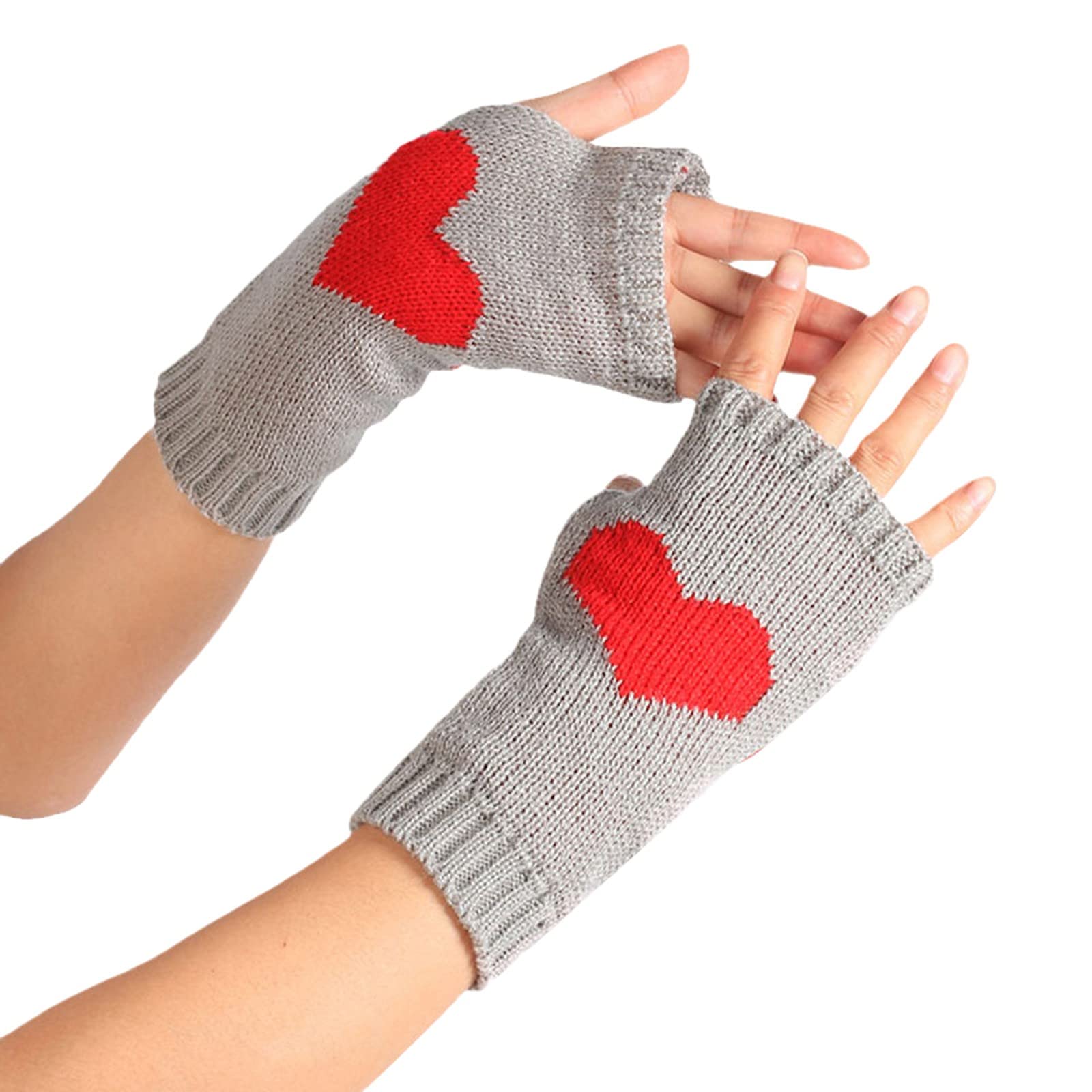 Mashaouyo Damen Einfarbige Herzmuster Halbfinger warme Strickhandschuhe Handschuhe Fäustlinge Cabrio (A, A) von Mashaouyo