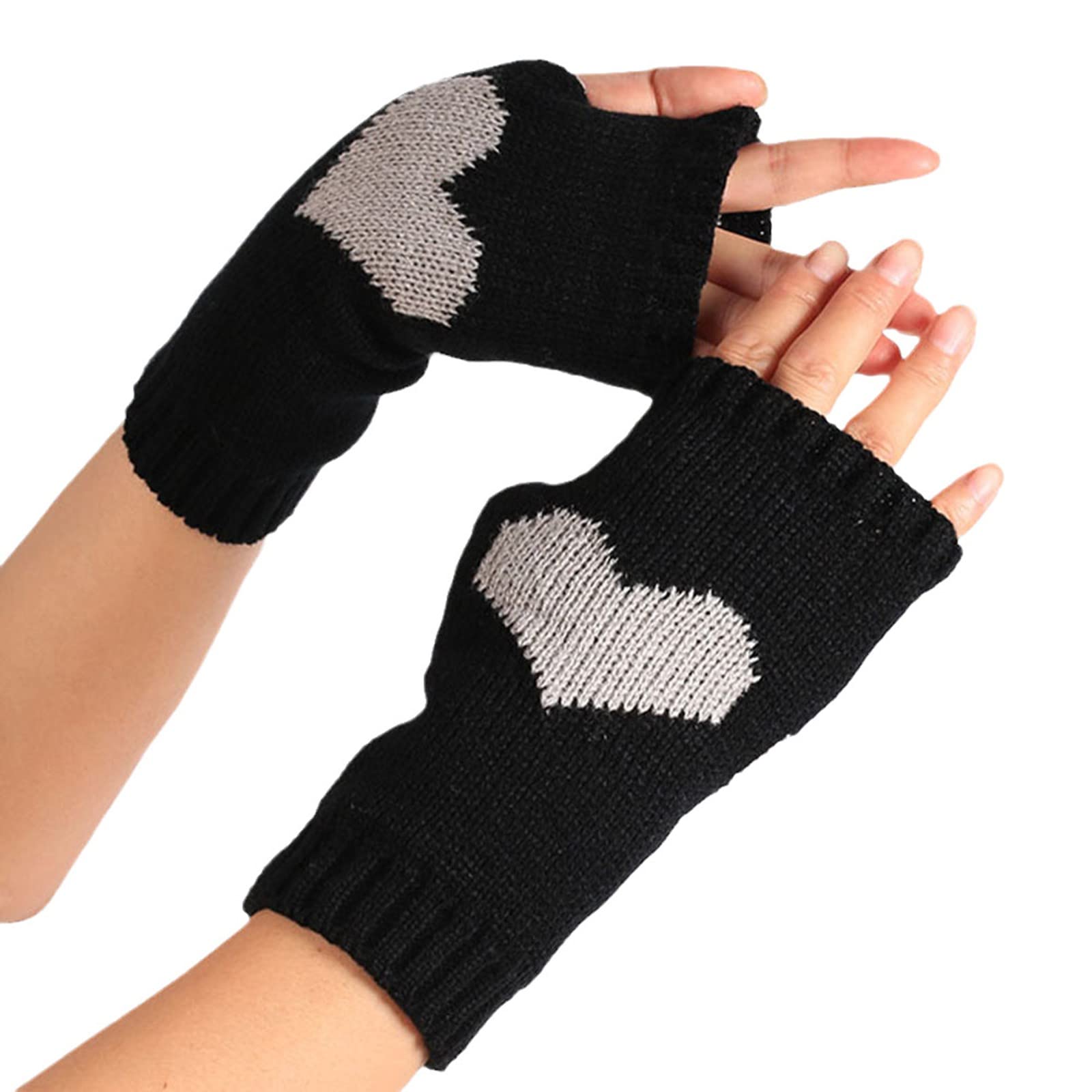 Mashaouyo Damen Einfarbige Herzmuster Halbfinger warme Strickhandschuhe Handschuhe Fäustlinge Cabrio (Schwarz, A) von Mashaouyo