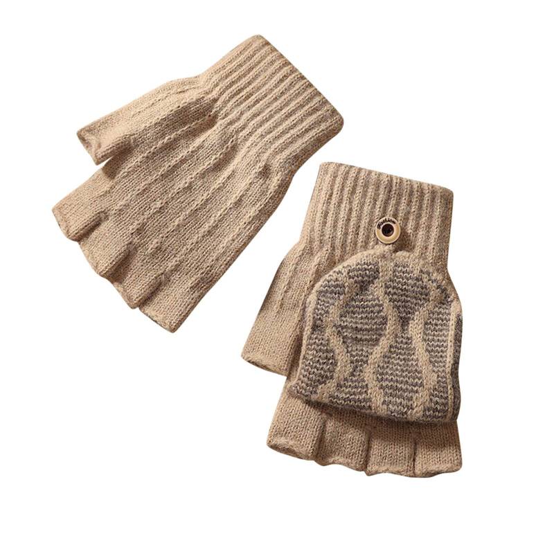 Mashaouyo Damen Herbst und Winter Niedlich Einfarbig Fingerlos Niedlich Flip Button Warm Verdickte Handschuhe Frauen Handschuhe Fäustling (Khaki, Einheitsgröße) von Mashaouyo