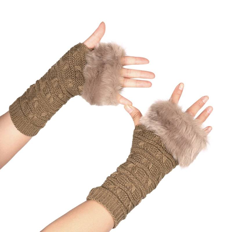 Mashaouyo Damen Herbst und Winter Schmetterlingsmuster plus Wolle Stricken Halbfinger warme Damenhandschuhe (Khaki, A) von Mashaouyo