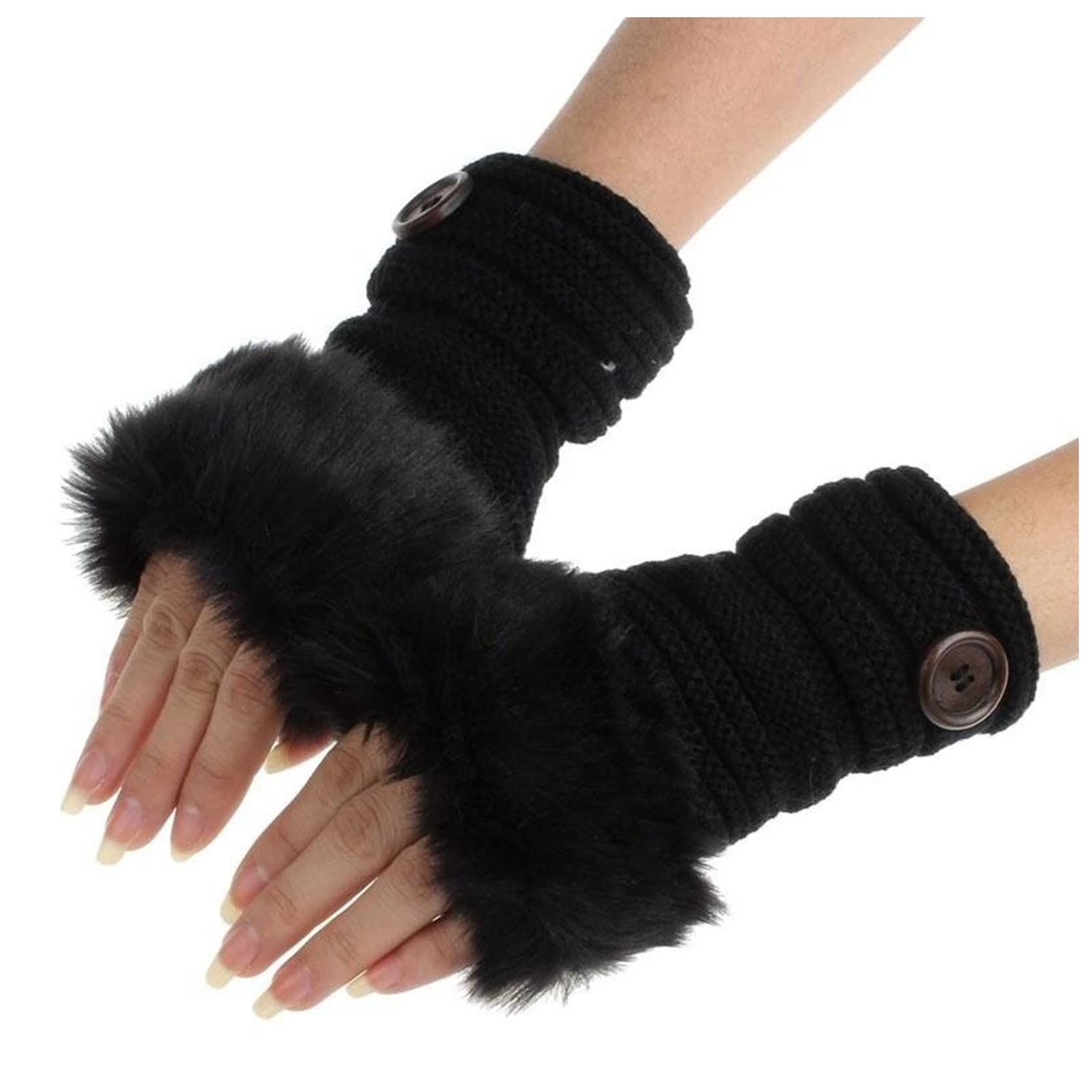 Mashaouyo Fäustlinge für Damen, fingerlos, Winter, Kaninchen, warme Handschuhe, Plüschhandschuhe, Damenhandschuhe (schwarz, Einheitsgröße) von Mashaouyo