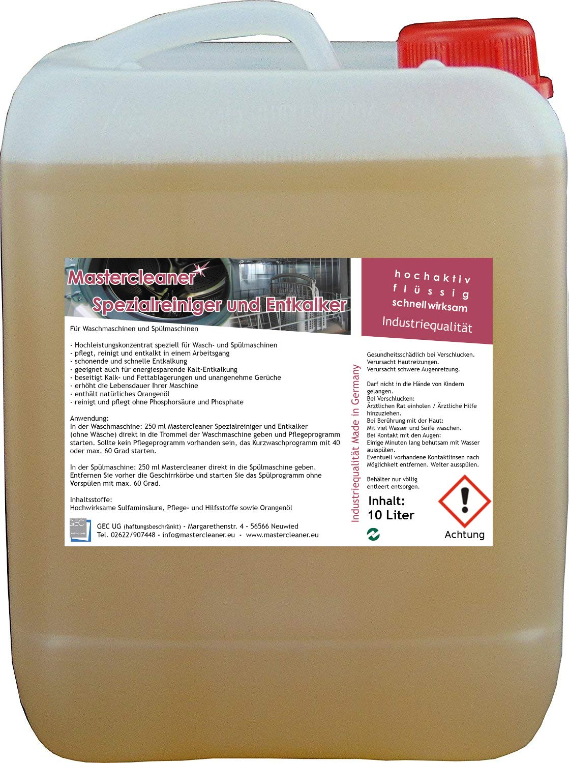 Mastercleaner Spülmaschinen und Waschmaschinenreiniger und Entkalker mit Aktivschaum ohne Biozide10 Liter von Mastercleaner