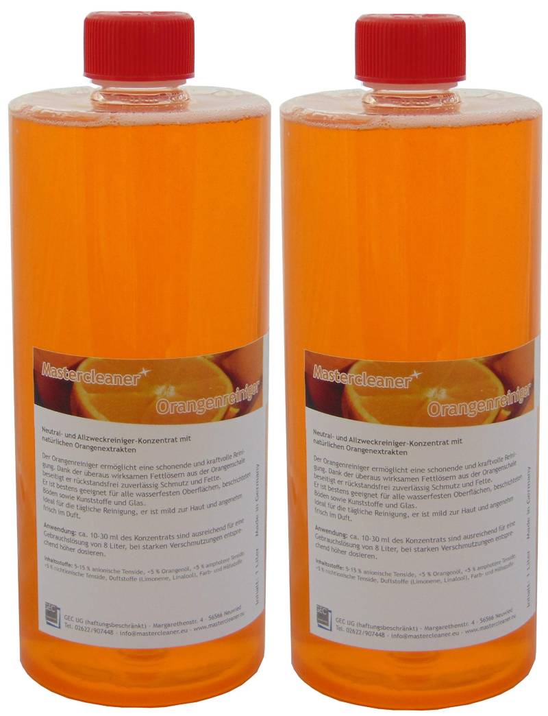 Orangenreiniger Konzentrat mit nat. Orangenöl der hochwirksame und kraftvolle Allzweckreiniger 2 * 1 Liter Vorteilspack von Mastercleaner Biologisch abbaubar von Mastercleaner