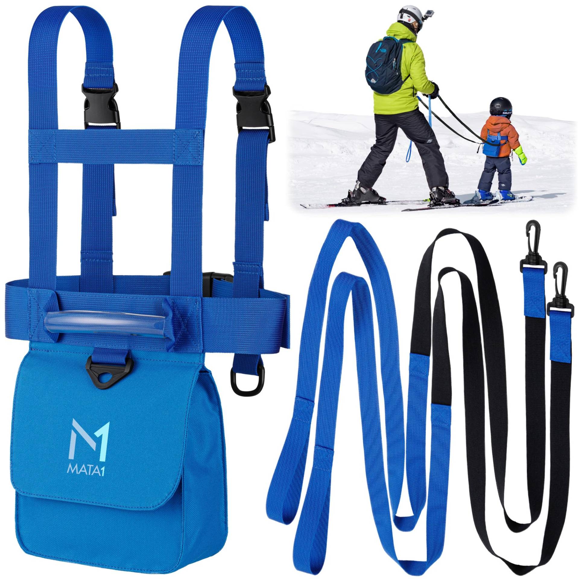 Mata1 Ski- und Snowboard-Trainingsgurt für Kinder – Blau – 2 elastische Bungee-Gurte zum Lenken und Erlernen der Geschwindigkeitskontrolle – Ski-Trainer-Rucksack von Mata1