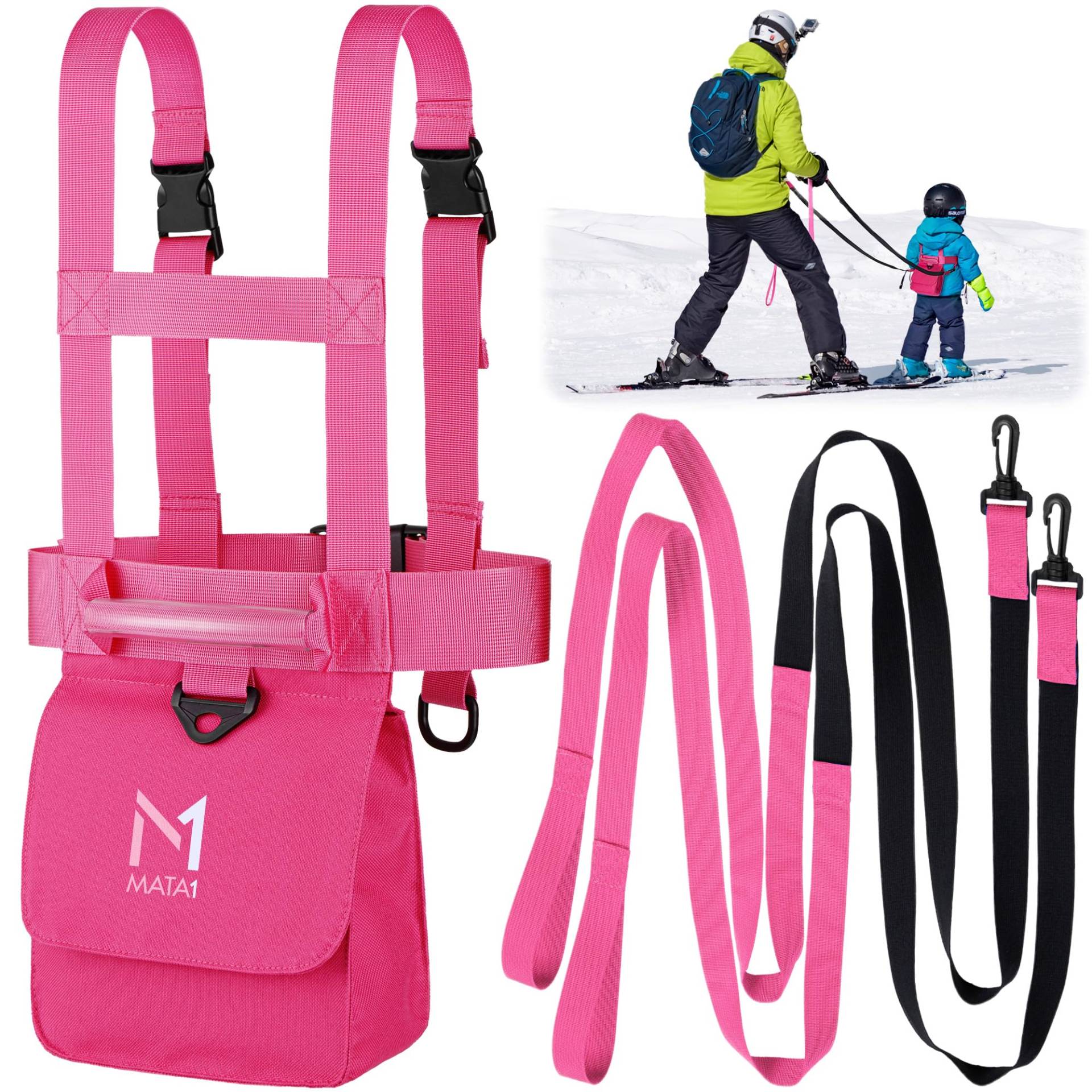 Mata1 Ski- und Snowboard-Trainingsgurt für Kinder – Rosa – 2 elastische Bungee-Gurte zum Lenken und Erlernen der Geschwindigkeitskontrolle – Ski-Trainer-Rucksack von Mata1