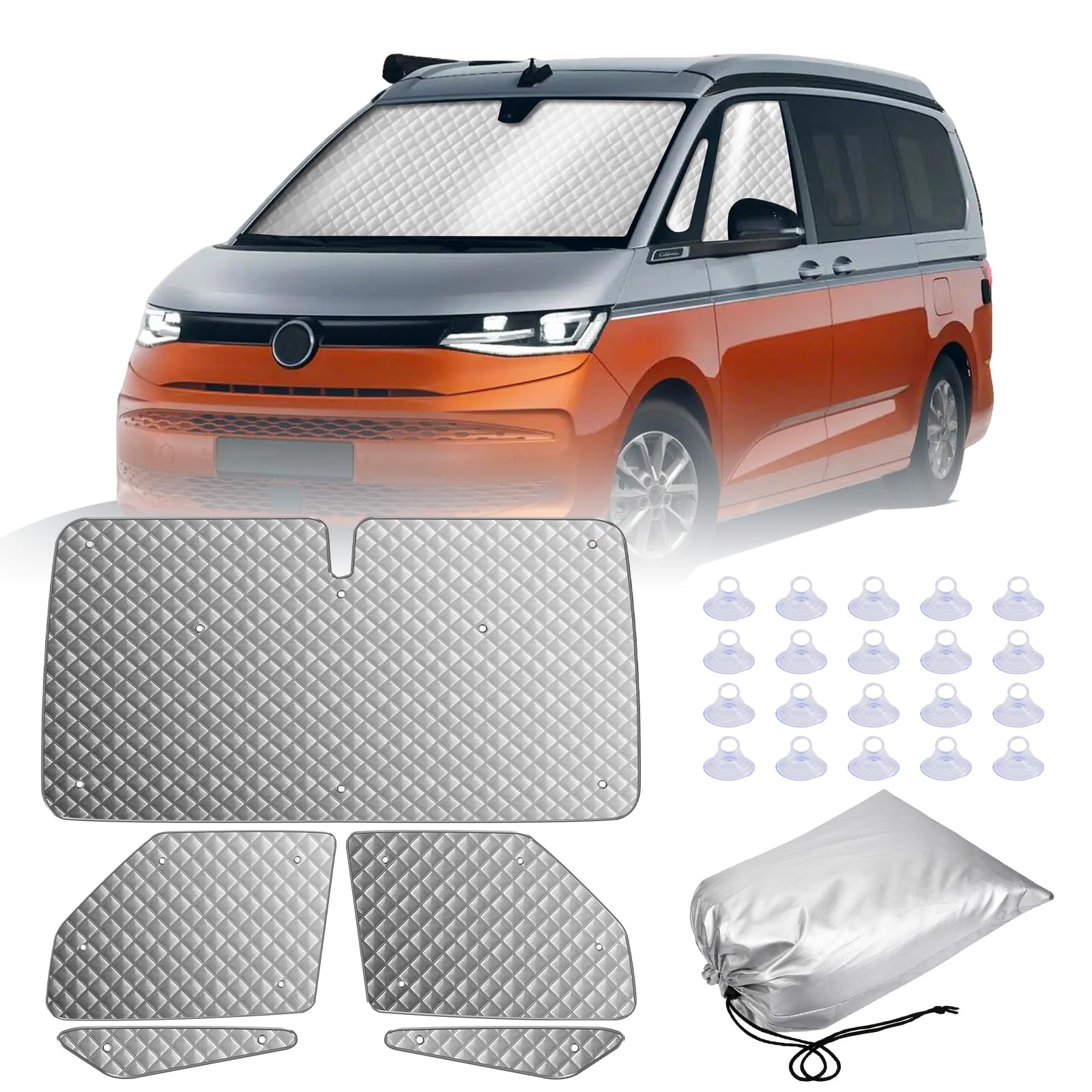 MaxAwe 5Stk Thermomatte Fahrerhaus passend für VW T7, Luxus Interne Auto Sonnenblende Frontscheibenabdeckung, Thermo Jalousien Set Verdunkelung, Sonnenschutz Windschutzscheiben Abdeckung Matte von MaxAwe