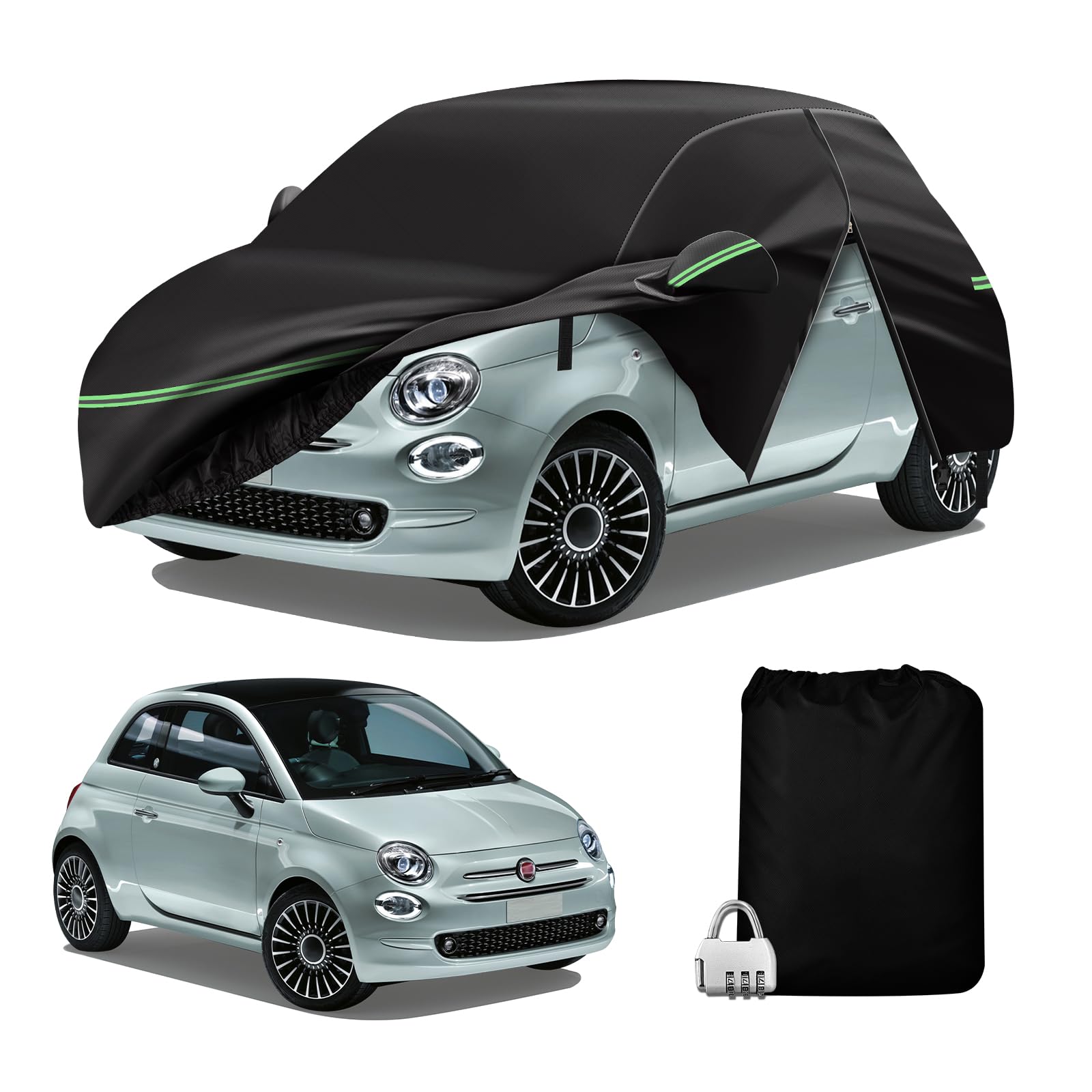 MaxAwe Autoabdeckung Wasserdicht für FIAT 2007–2023 500/500C/500E/Abarth 500, 210D Vollgarage Autoplane mit Reißverschluss Reflektierenden Winddichten Bänder, für Regenfest Staubfest UV-Schutz von MaxAwe