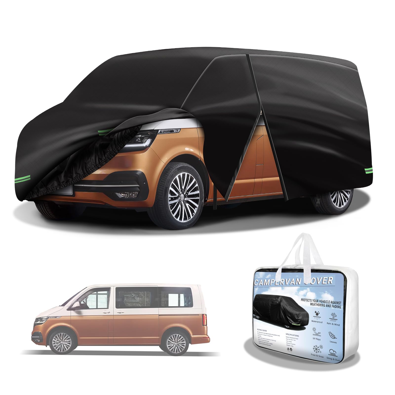 MaxEarn Auto Abdeckung Vollgarage Ersatz für VW T5/T6, Schwarz Autoabdeckung mit Reißverschlusstür und Windschutzgurte, Auto Volle Abdeckplane für VW Transporter Wohnmobil LWB SWB von MaxEarn