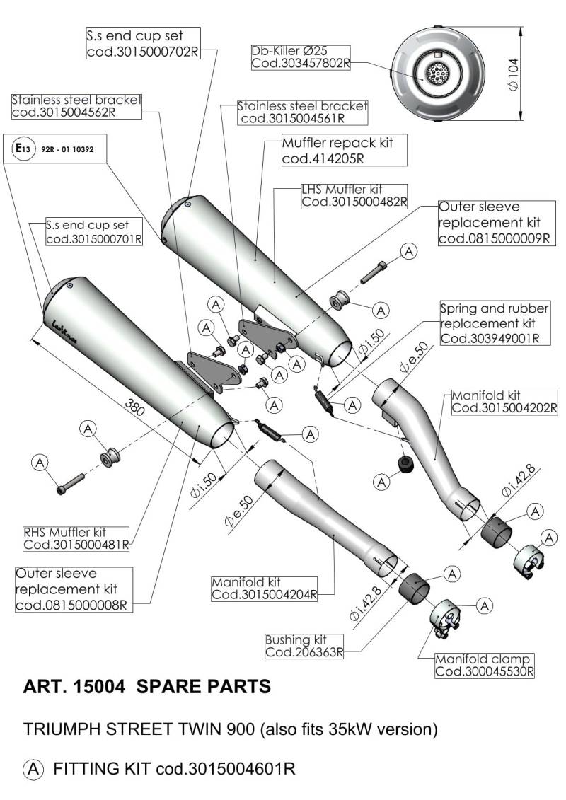 Endschalldämpfer Ersatzteil Set LeoVince Auspuffanlage S10392, Ø 50mm 380mm, rechts von Maxtuned