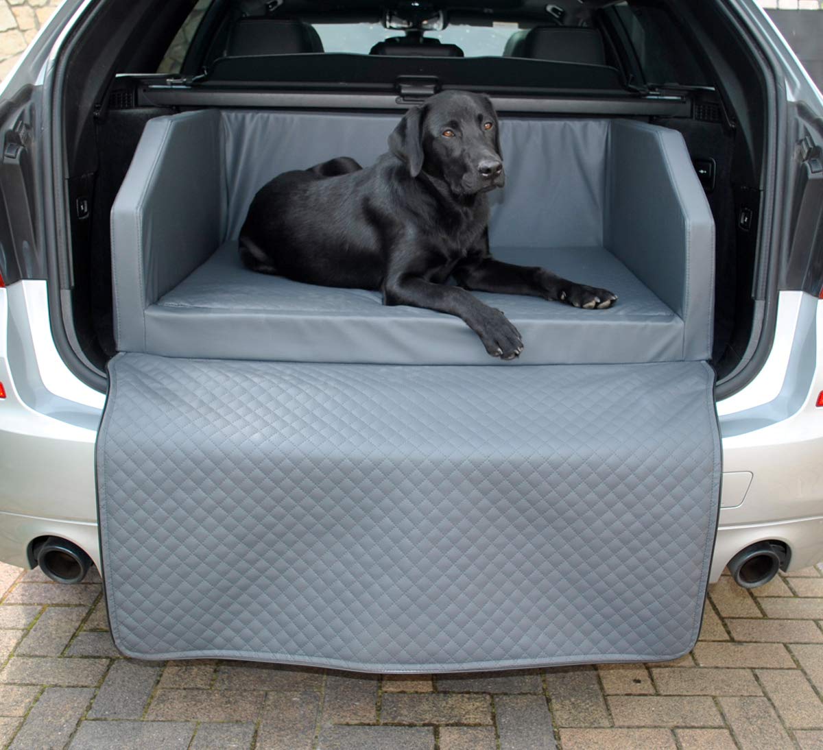 Mayaadi Home Premium Hundebett - 100 x 70 x 38 cm | Hochwertiger Autositz für Deinen Hund | Autohundebett mit Schutzdecke, Kofferraum Bett aus Kunstleder | Travel Grau - M von Mayaadi Home