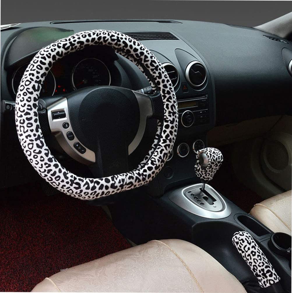 3 in 1 Weicher Leopard Auto Flache Unterseite und Oberseite Lenkradhüllen Handbremsgriff Schalthebel Manschette Abdeckungen Kurzer Plüsch Warmer Winter für alle Autos (Weiß, 2 D) von Mayco Bell