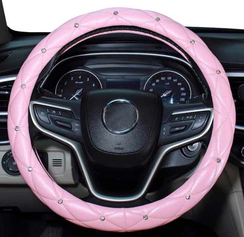 Mayco Bell Diamond Lenkradbezug für Damen, Leder Bling Cute Car Lenkradbezug Universal 15inch mit Crystal Diamond (Pink) von Mayco Bell