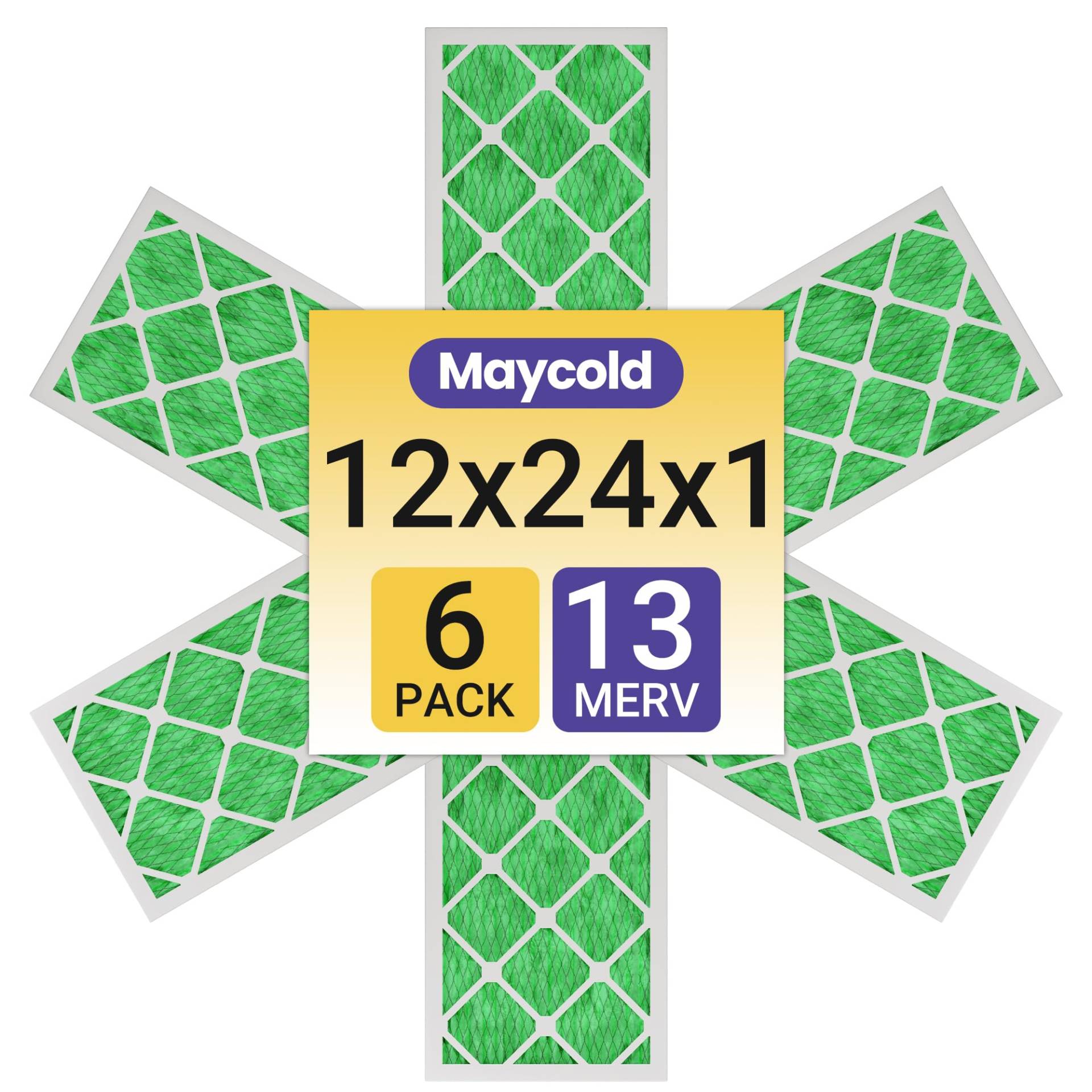 Maycold 12 x 24 x 1 einzeln verpackter plissierter Luftfilter MERV 13 (6er-Pack), überlegener hocheffizienter Ersatzfilter für Wechselstrom- und Ofeneinheiten, tatsächliche Größe: 29,7 x 60,2 x 1,9 cm von Maycold