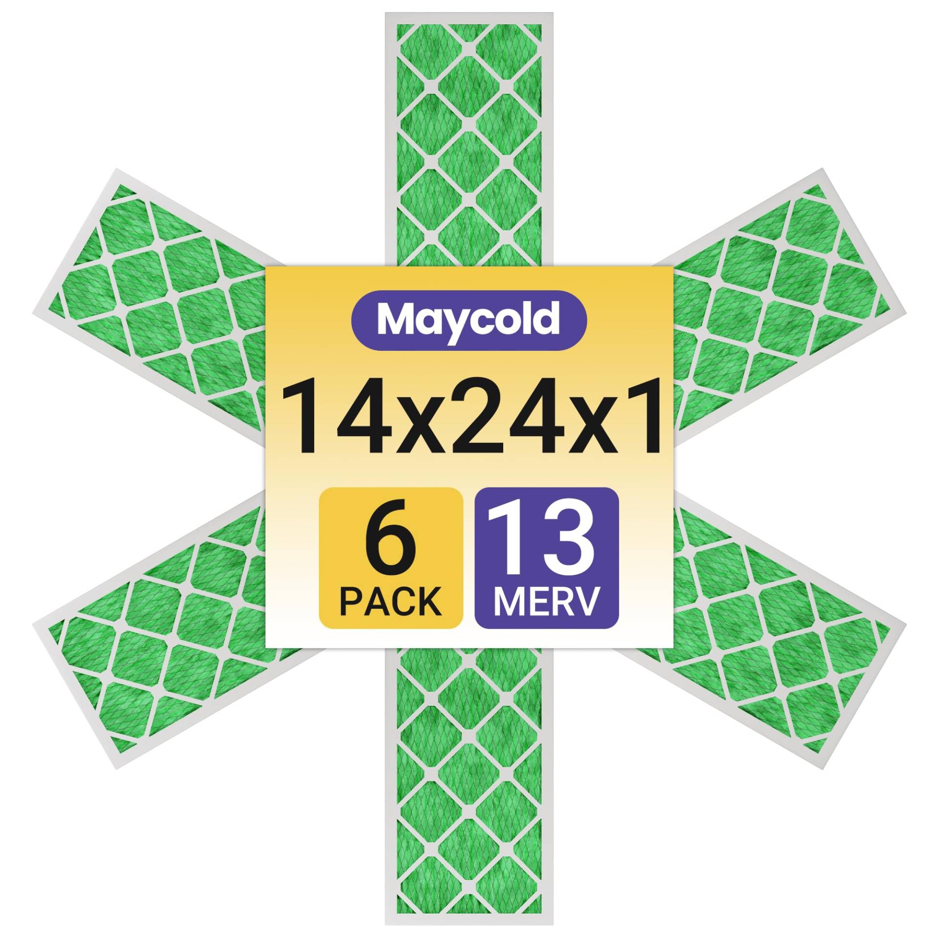 Maycold 14 x 24 x 1 einzeln verpackter plissierter Luftfilter MERV 13 (6er-Pack), überlegener hocheffizienter Ersatzfilter für Wechselstrom- und Ofeneinheiten, tatsächliche Größe: 34,8 x 60,2 x 1,9 cm von Maycold