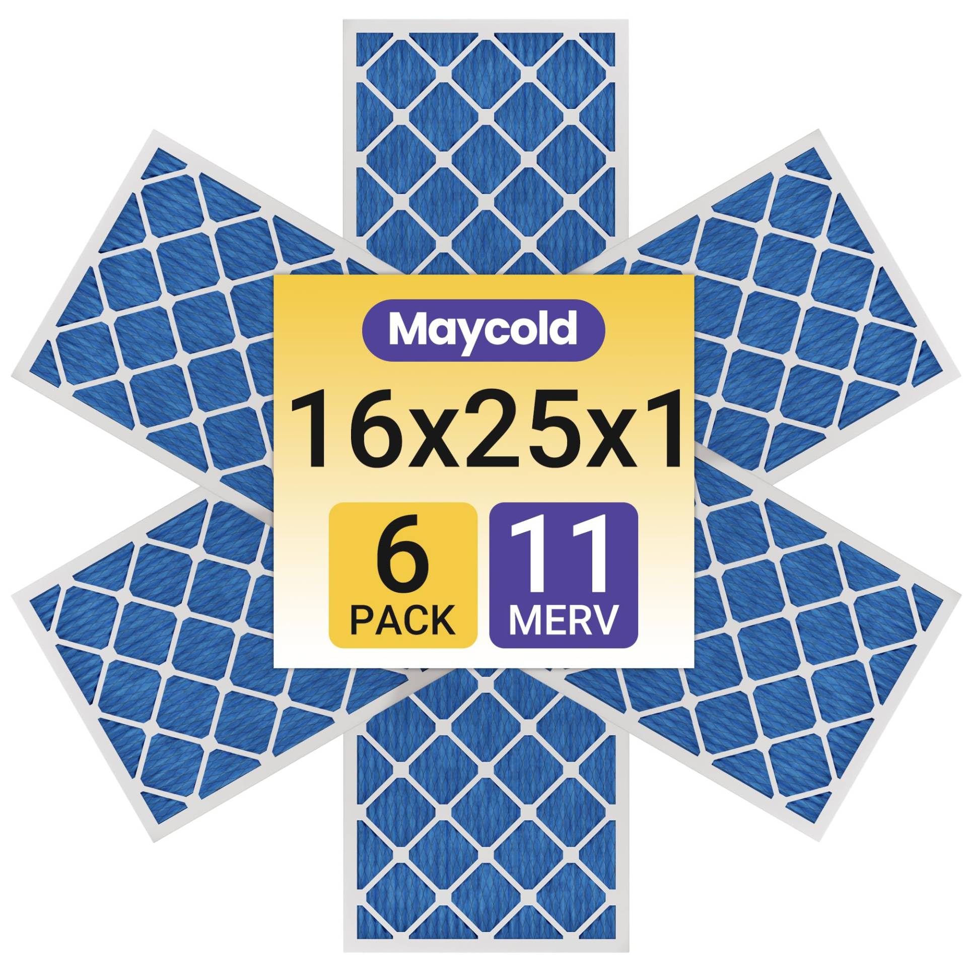 Maycold 16 x 25 x 1 einzeln verpackter Luftfilter MERV 11 (6er-Pack) Hochleistungs-Plissee-HVAC- und Ofenersatzfilter, genaue Größe: 39,9 x 62,7 x 1,9 cm, saubere und praktische Verpackung von Maycold