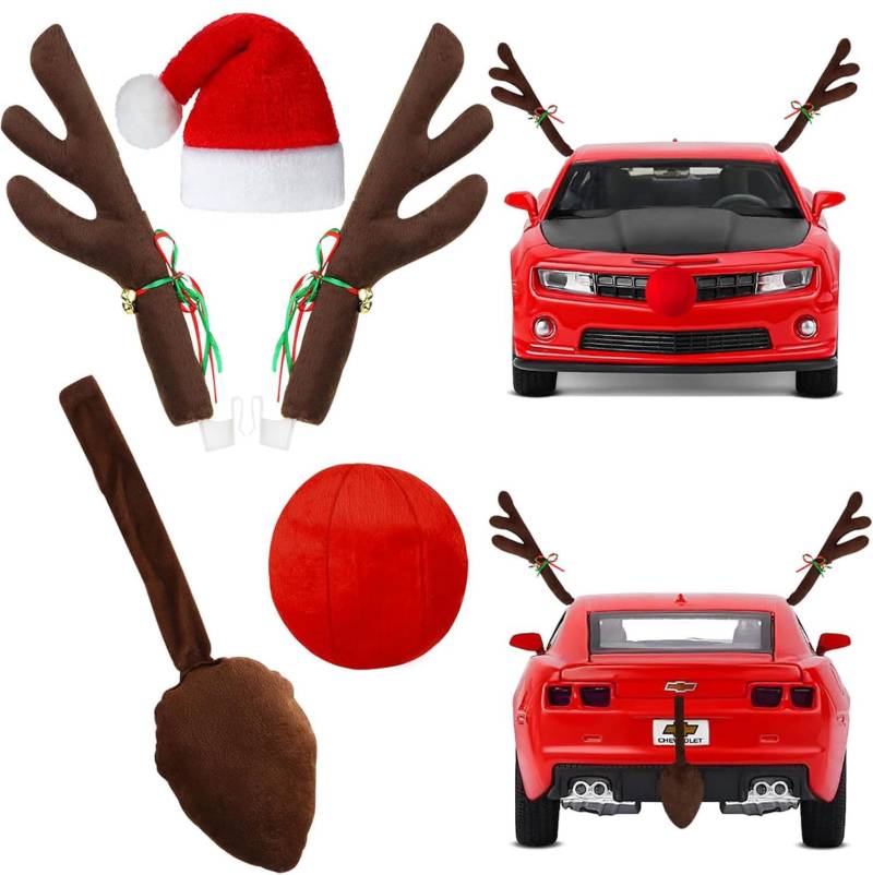 Mcvcoyh 5 Pieces Rentier Auto Weihnachtsdekor, Weihnachtsdeko Auto mit Rentiergeweihe Braunes Schwanz Rote Nase und Weihnachtenaufkleber Elche von Mcvcoyh