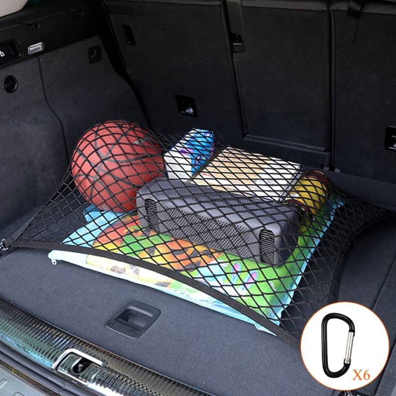 MeeLu Gepäcknetz Auto, Kofferraumnetz Erstreckt Sich auf 140x120cm, Aufbewahrung Organizer Netz für Kofferraum Autodach, Mit 6 Stahlkarabiner+4 ABS Haken, Elastischer Rand hält Lasten Fester von MeeLu