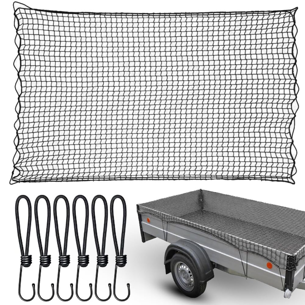 Anhängernetz 1,5x2,2m feinmaschig, Gepäcknetz, mit 6 Haken, Eckmarkierungen, Gummiseil, Anhänger Ladungssicherung, Spannnetz, Dehnbares Ladungssicherungsnetz, Abdecknetz für Autoanhänger, Schwarz von Meenewching