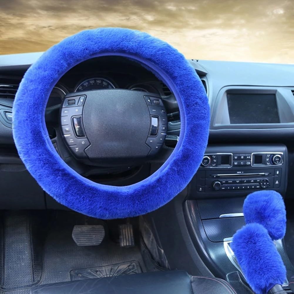 Plüsch-Lenkradbezug mit Handbremse und Schalthebelbezügen verschönern den Innenraum Ihres Autos in diesem Winter (Blau, 3 Stück) von MeevrgR