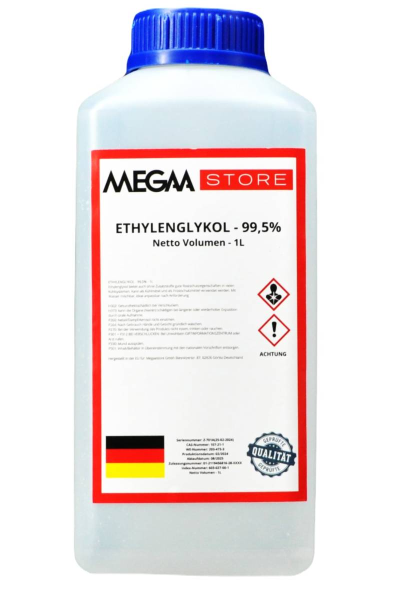 Megaa store Ethylenglykol 99,5% | 1L bis 20L | Kühlmittel Solarflüssigkeit Kühlsystem Heizungs- Solar- Klimaanlagen- und Wärmepumpen Installationen von Megaa store