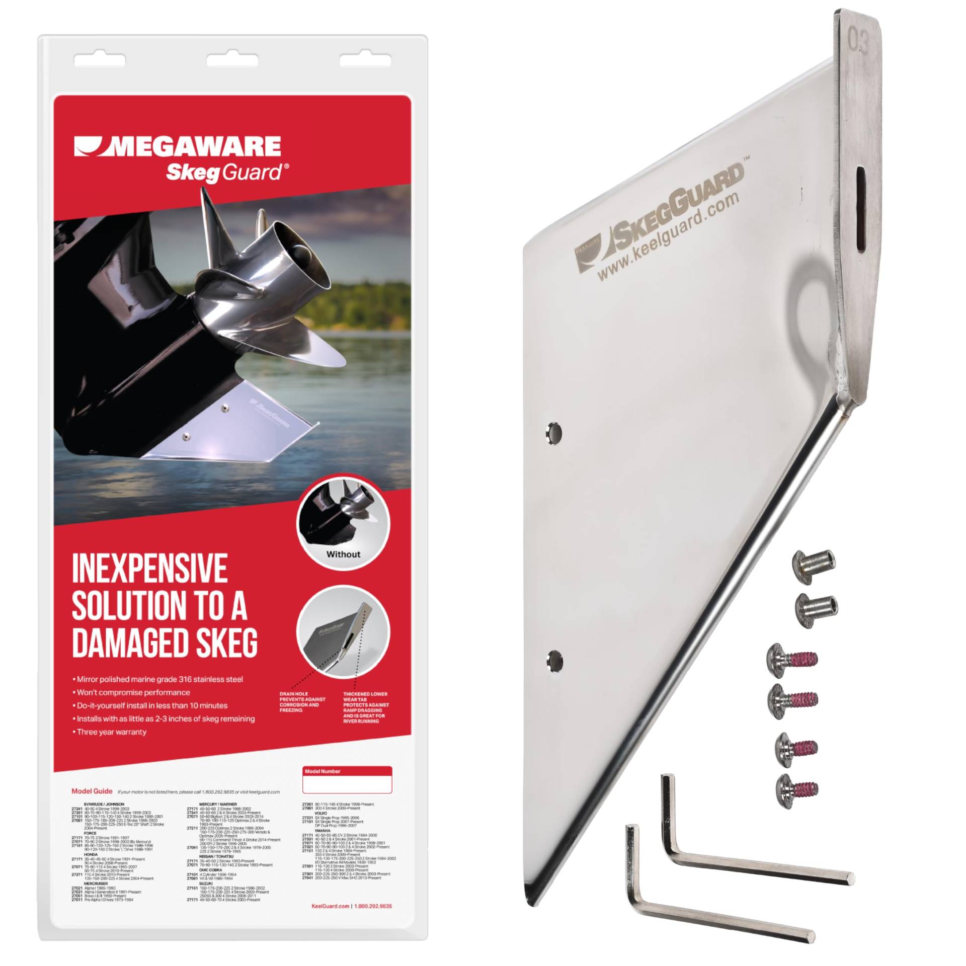 Megaware KeelGuard SkegGuard 27081 Skeg Protector mit Ablaufloch – schützt vor Rampenschleifen und Verschleiß – einfache Installation – passend für OMC Suzuki Evinrude Motoren – Siehe Auflistung für von Megaware KeelGuard