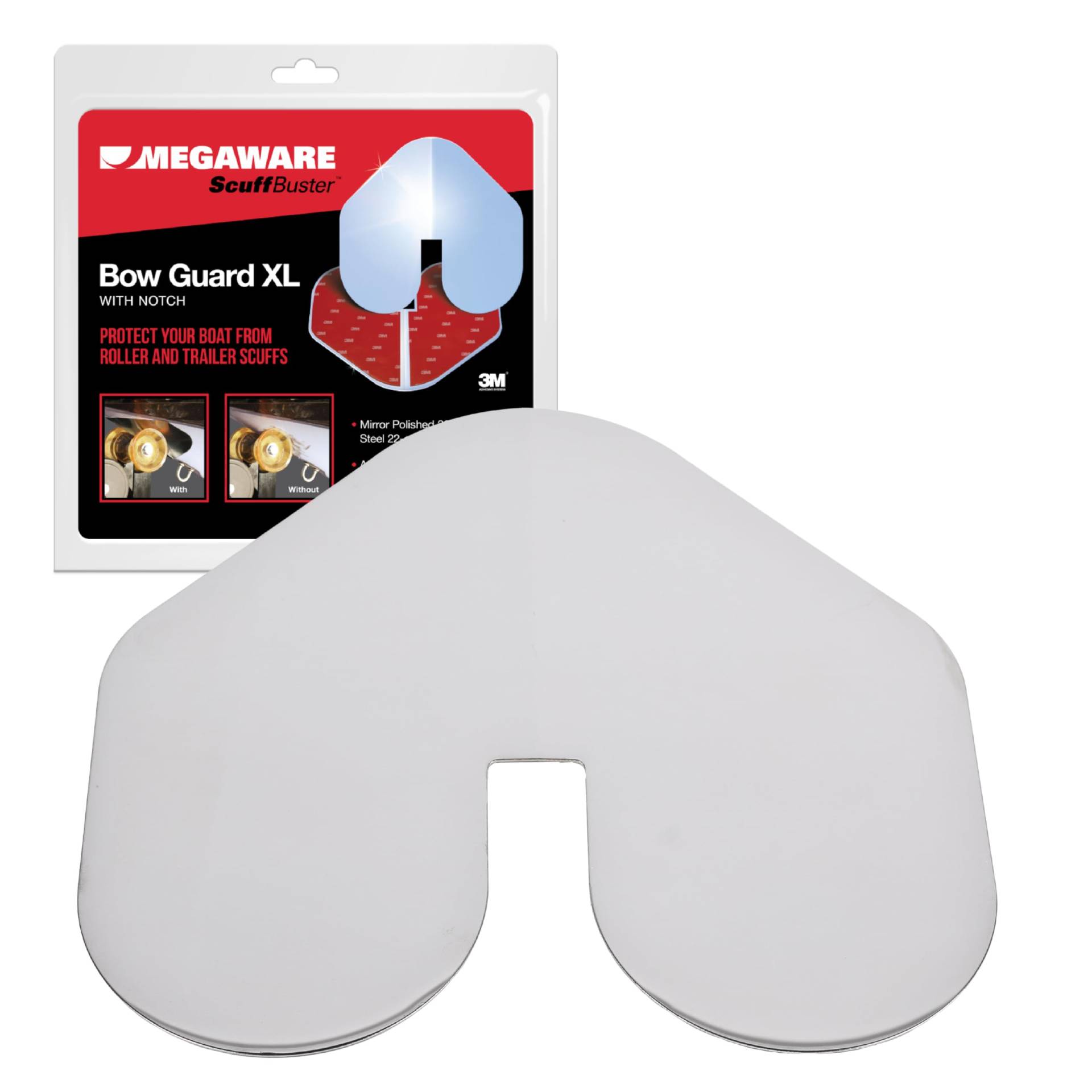 Megaware – XL ScuffBuster Bogenschutz mit Kerbe für Boote – schützt vor Schrammen und Kratzern – Edelstahlschild mit 3M-Kleber – hochglanzpolierte Oberfläche (22,9 x 22,2 cm) von Megaware KeelGuard