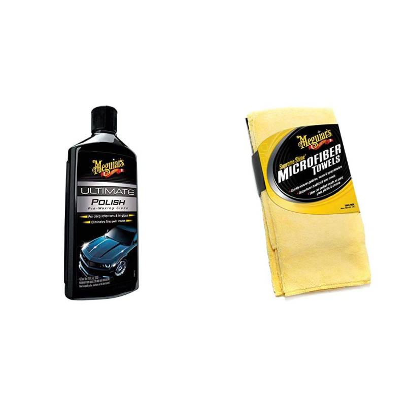 Meguiar's G19216EU Ultimate Polish Hochglanzpolitur, 473 ml & X2020EU Supreme Shine Mikrofasertuch, 3er Pack von Meguiar's