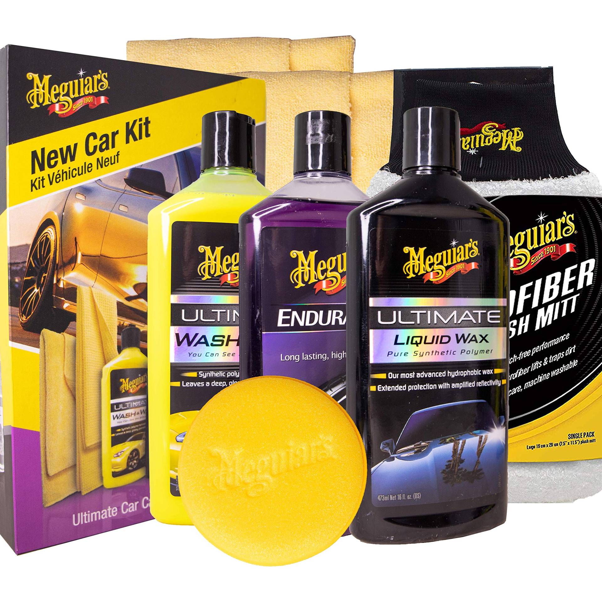 Meguiar's Brilliant Solutions New Car Kit Neue Autobesitzer | Ultimate Wash & Wax, Flüssigwachs, Hochglanz-Reifengel & Mikrofasertücher von Meguiar's