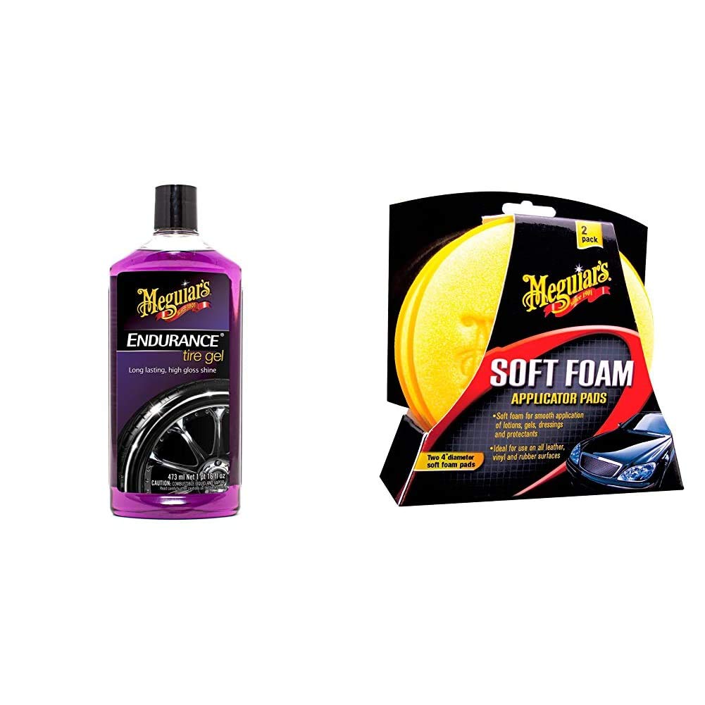 Meguiar's G7516EU Endurance High Gloss Tyre Gel Reifenglanz, 473 ml & X3070 Soft Foam Applicator Pads Auftragsschwamm, 2-er Pack von Meguiar's