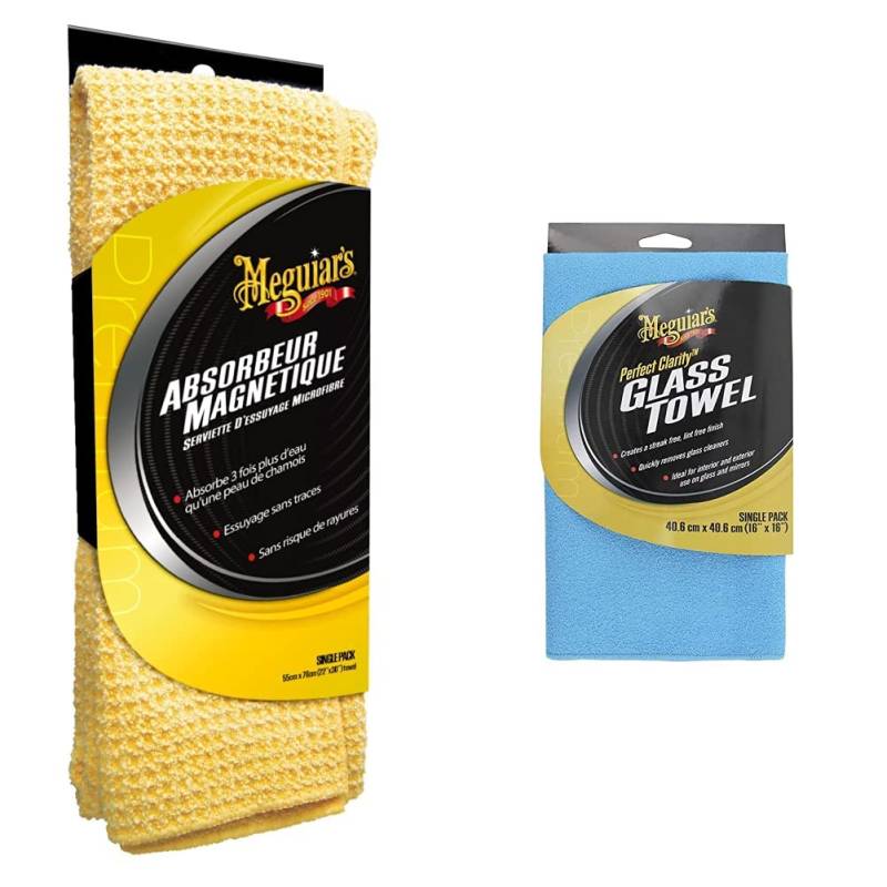 Meguiar’s X2000F Reinigungstuch, magnetisch,76 cm x 55 cm & X190301EU Perfect Clarity Glass Towel - Glasreinigungstuch, blau von Meguiar's