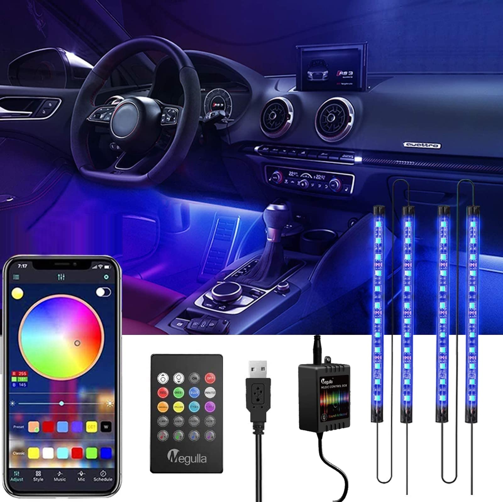 Megulla Auto-LED-Leuchten, RGB-Auto-Innenbeleuchtung mit App und Fernbedienung, mehrfarbige Auto-USB-Innenbeleuchtung mit Musiksynchronisierung, cooles Autozubehör für Männer von Megulla