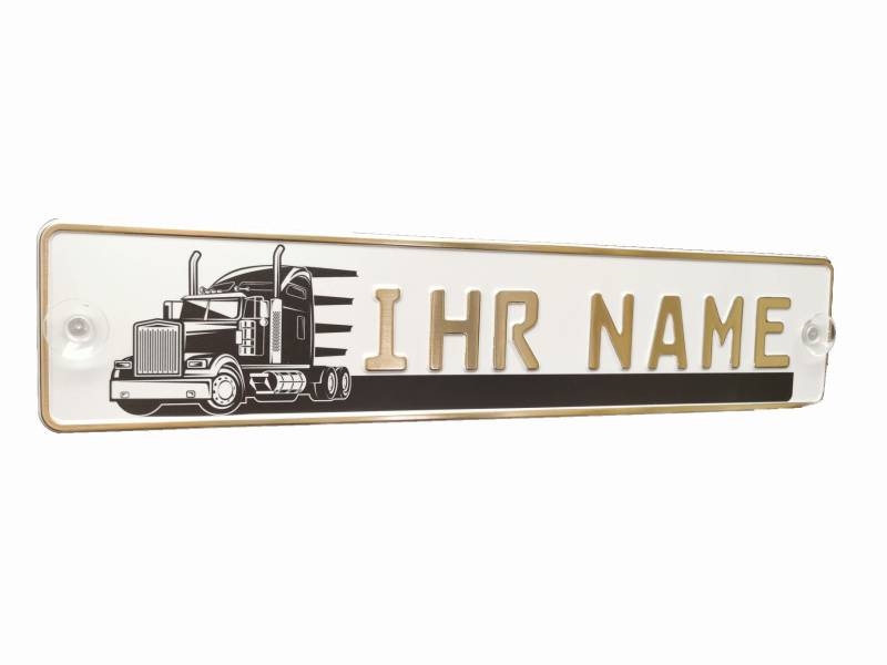 Melsaro LKW Truck Fahrerschild Schild Namensschild Name oder Text Funschild Fun Schild Wunschtext Auto Trucker Car, mit LKW Trucker Design (Schriftfarbe Gold) von Melsaro