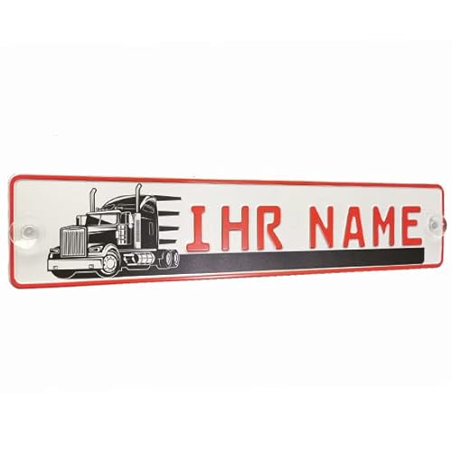 Melsaro LKW Truck Fahrerschild Schild Namensschild Name oder Text Funschild Fun Schild Wunschtext Auto Trucker Car, mit LKW Trucker Design (Schriftfarbe Rot) von Melsaro