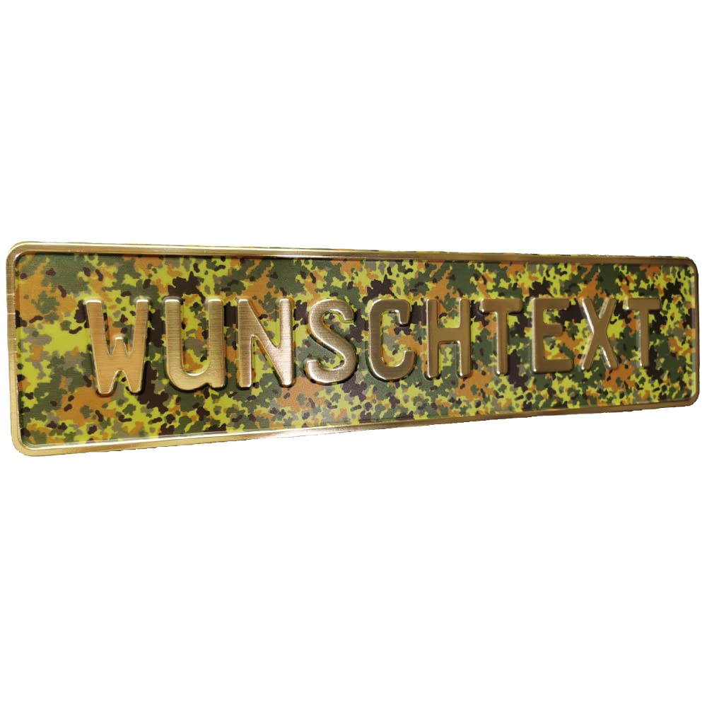 Melsaro Schild geprägt Name Text Fun Schild Wunschtext Trucker Camouflage Design Gold Geburtstag Prägung 10 Zeichen Geschenk Schild Spaß Truck von Melsaro