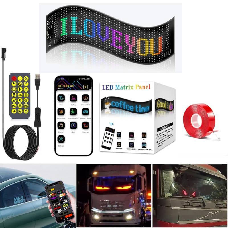 LED Augen für Lkw und Auto, Devil Eyes, led augen für lkw frontscheibe, led folie display, Programmierbarer LED Display Auto mit APP-Steuerung und Fernbedienung (92 x 374 mm) von Merrwon