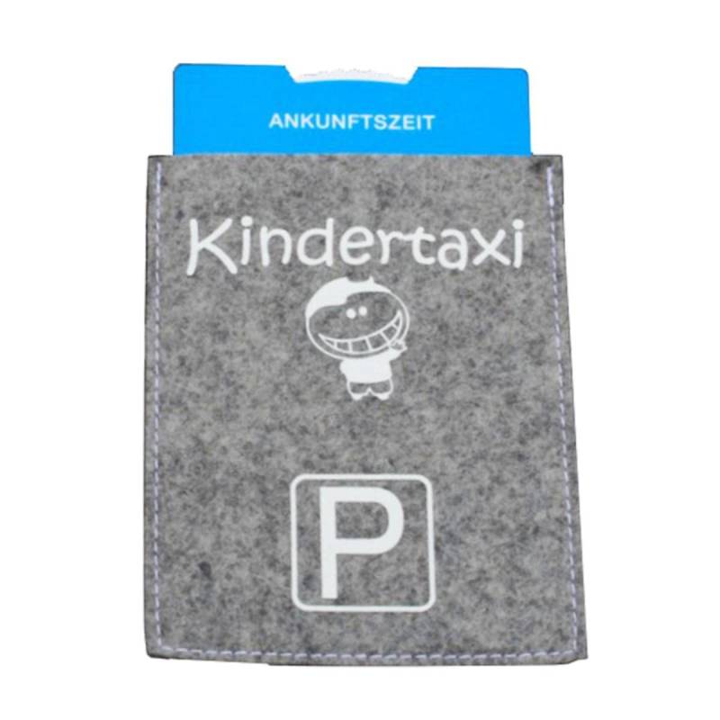 Parkscheibenhülle inkl. Parkscheibe mit Aufschrift - Kindertaxi Filzfarbe silbergrau, Flockfarbe rohweiß von Metz Textil & Design GmbH