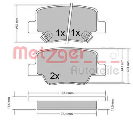 Bremsbelagsatz, Scheibenbremse Hinterachse Metzger 1170410 von Metzger