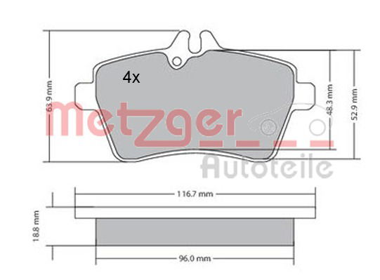 Bremsbelagsatz, Scheibenbremse Vorderachse Metzger 1170053 von Metzger