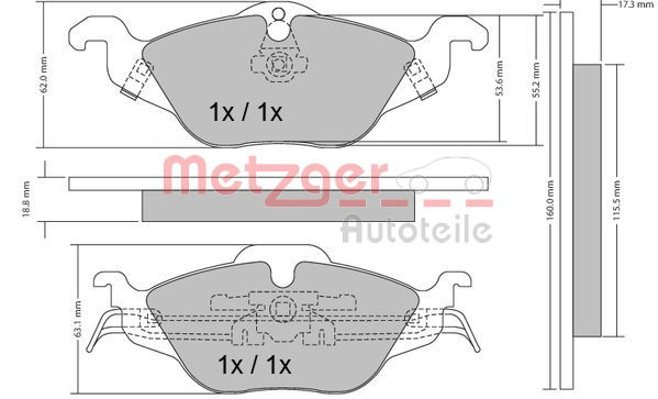 Bremsbelagsatz, Scheibenbremse Vorderachse Metzger 1170063 von Metzger