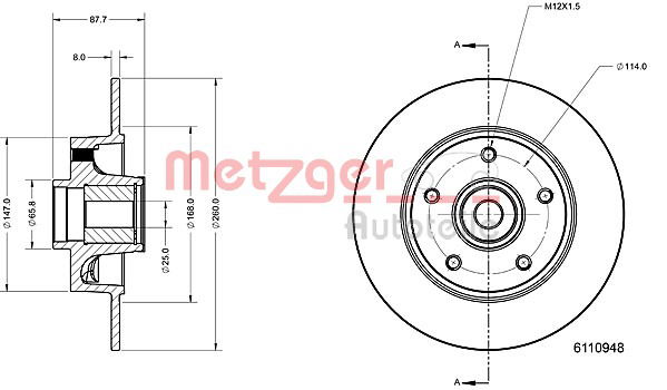 Bremsscheibe Hinterachse Metzger 6110948 von Metzger