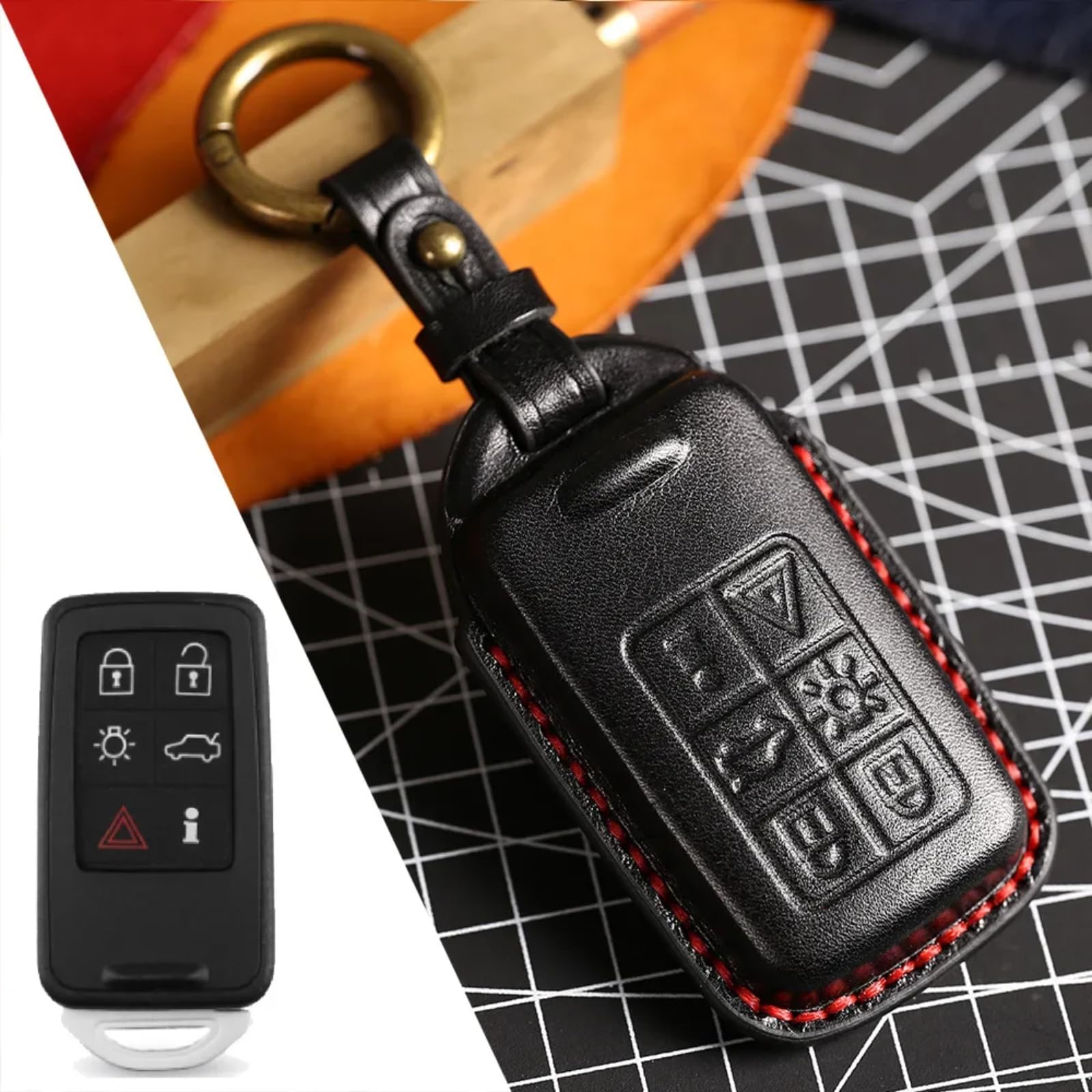 Auto-Smart-Schlüsselanhänger-Gehäuse, Zubehör, Keyless-Entry-Fernbedienung, für Volvo-Zubehör XC60, XC90, S90, Schlüsselanhänger-Halter, Schlüsselring, Tasche, 3D-Rindsleder, 6 Tasten, Schwarz von Meuoada