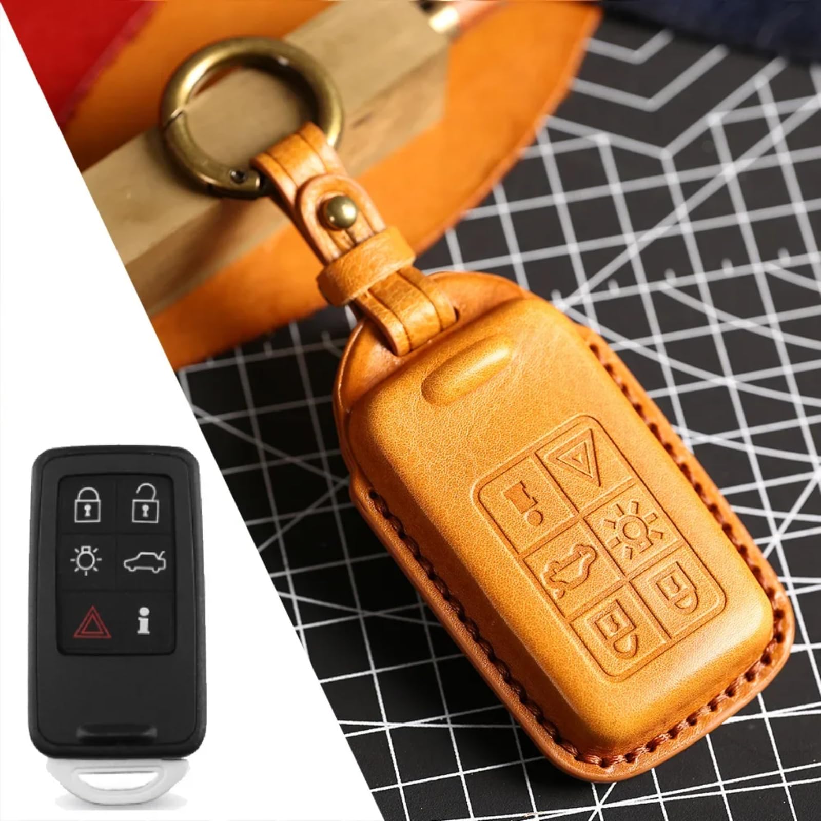 Auto-Smart-Schlüsselanhänger-Gehäuse, Zubehör, Keyless-Entry-Fernbedienung, für Volvo-Zubehör XC60, XC90, S90, Schlüsselanhänger-Halter, Schlüsselring, Tasche, 3D-Rindsleder, 6 Tasten, Braun von Meuoada