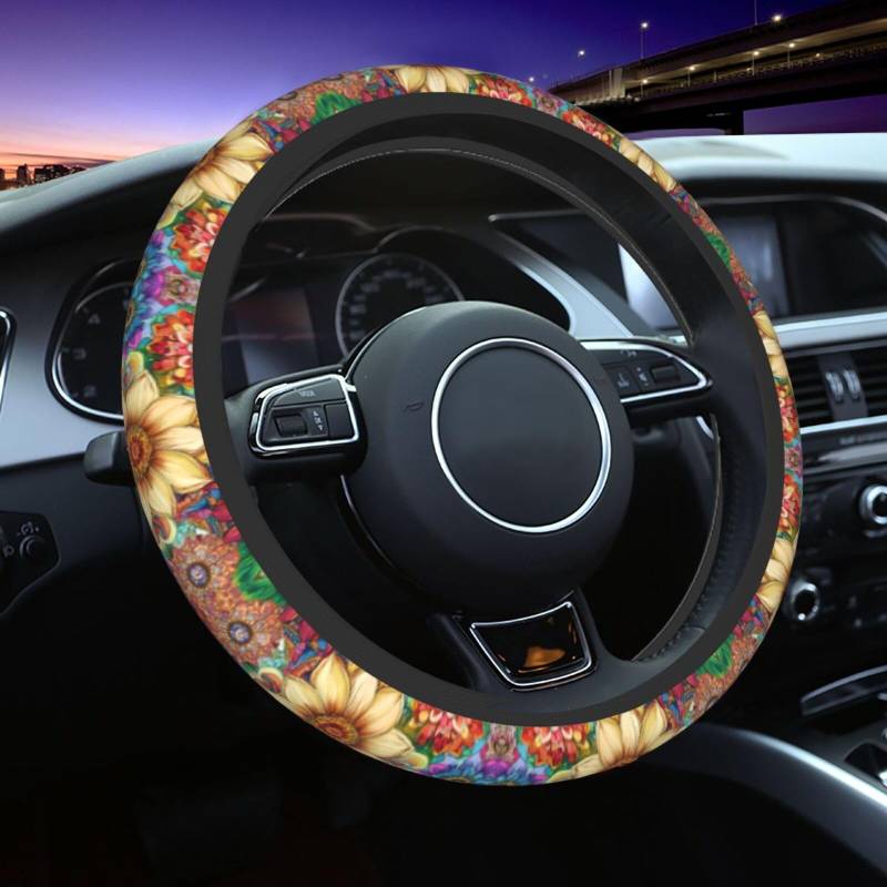 Mexpekil Bunte Blumen Boho Lenkradhülle Universal Auto Lenkradbezug Anti-Rutsch-Lenkrad-Schutzhülle, dekoratives Autozubehör, passend für die meisten Autos (38 cm), 1 Packung von Mexpekil