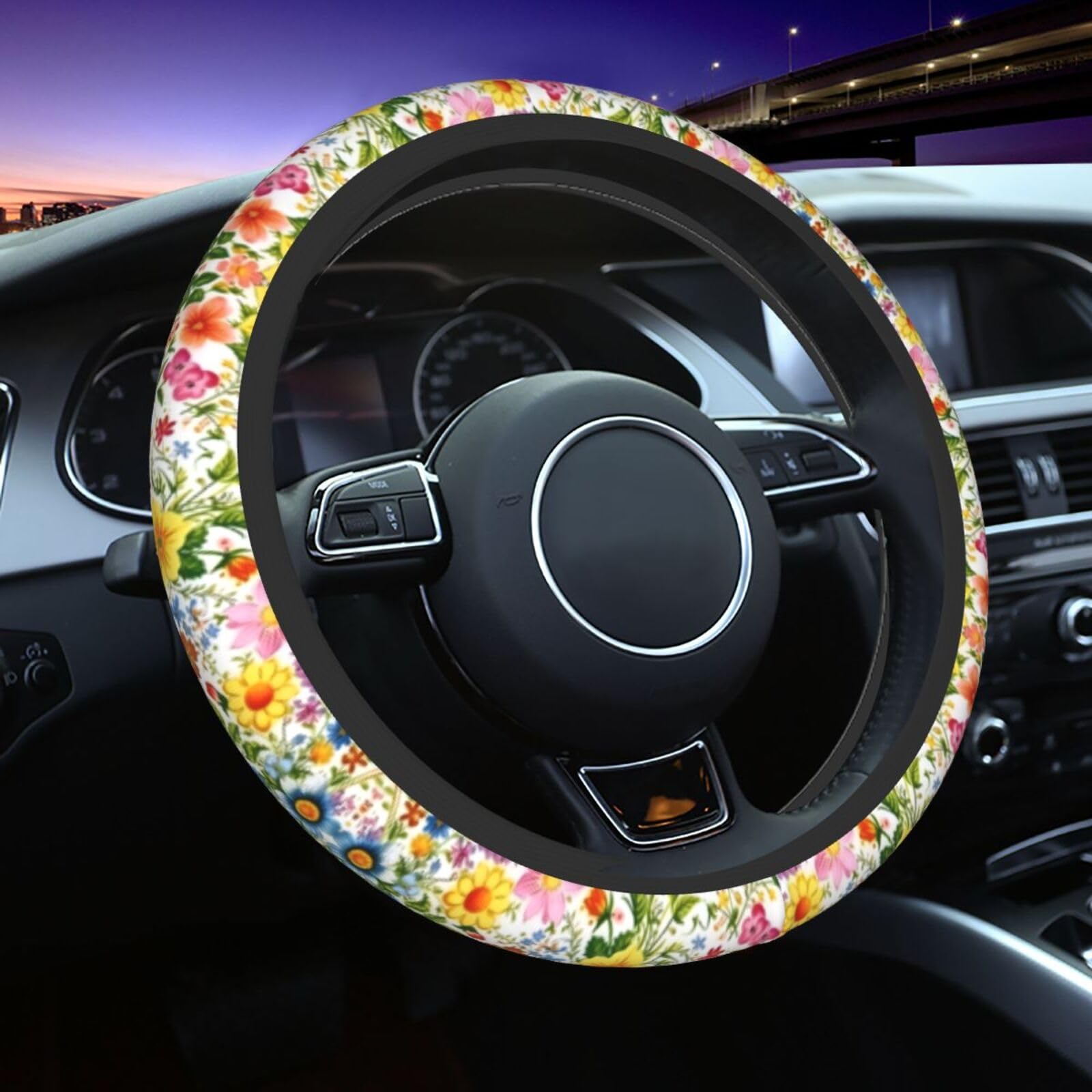 Mexpekil Bunte Kunst Floral Lenkradbezug Universal Auto Lenkradbezug Anti-Rutsch-Lenkrad Schutzhülle Dekoratives Autozubehör passend für die meisten Autos (38 cm) 1 Packung von Mexpekil