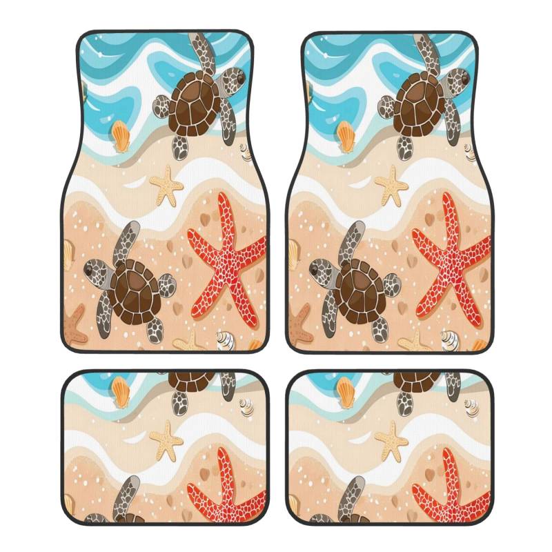 Mexpekil Cute Ocean Beach Turtle Seestern Automatten Set von 4 Allwetter Universal Auto Fußmatten rutschfest Wasserdicht Automotive Teppich Fußmatten für SUV Van LKW von Mexpekil