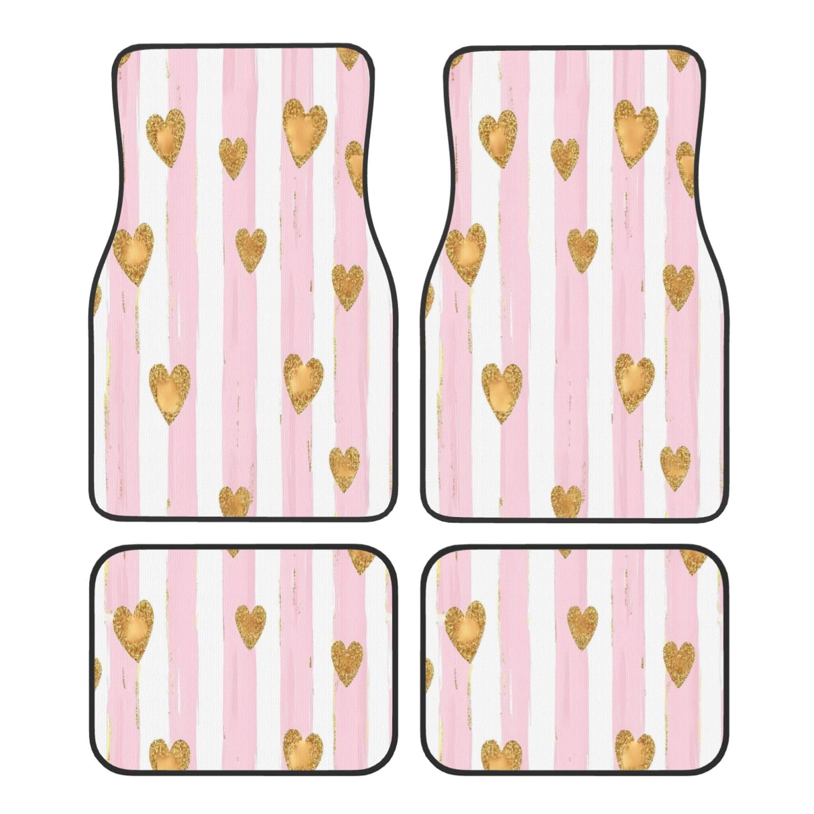 Mexpekil Pink Stripes Golden Love Heart Automatten Set von 4 Allwetter Universal Auto Fußmatten rutschfest Wasserdicht Automotive Teppich Fußmatten für SUV Van LKW von Mexpekil