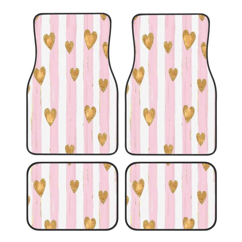 Mexpekil Pink Stripes Golden Love Heart Automatten Set von 4 Allwetter Universal Auto Fußmatten rutschfest Wasserdicht Automotive Teppich Fußmatten für SUV Van LKW von Mexpekil