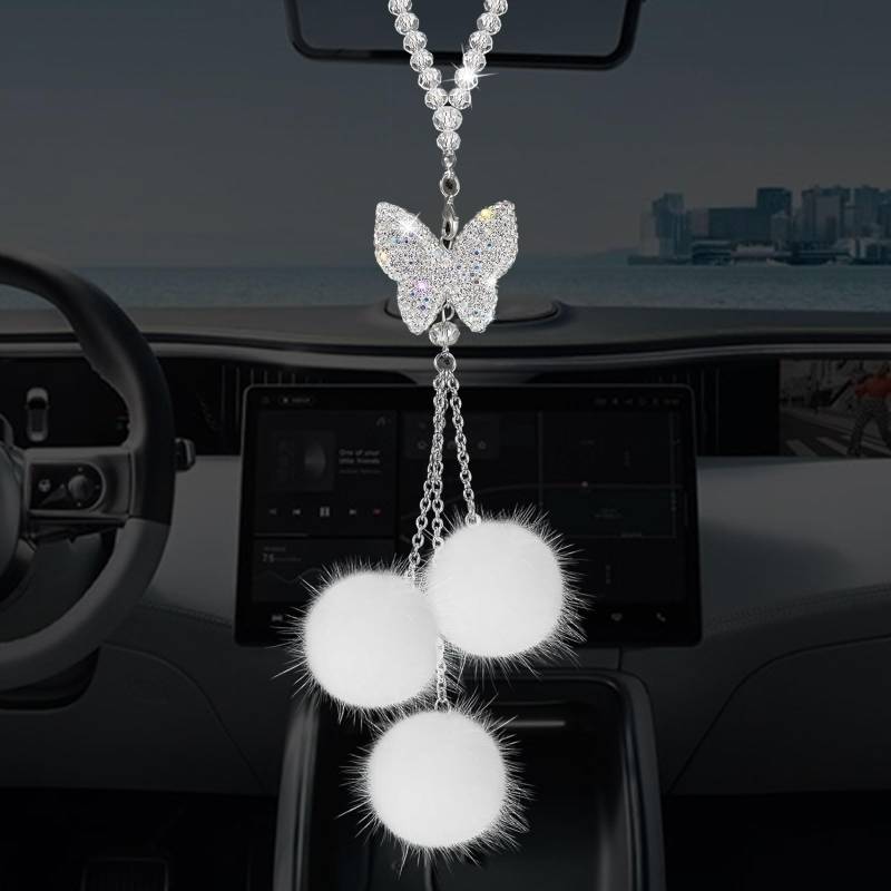 Mezrkuwr Glänzender Schmetterlings-Diamant-Autozubehör für Frauen, Kristall-Auto-Rückspiegel-Charms, Auto-Dekoration, glücklicher hängender Innenornament-Anhänger von Mezrkuwr