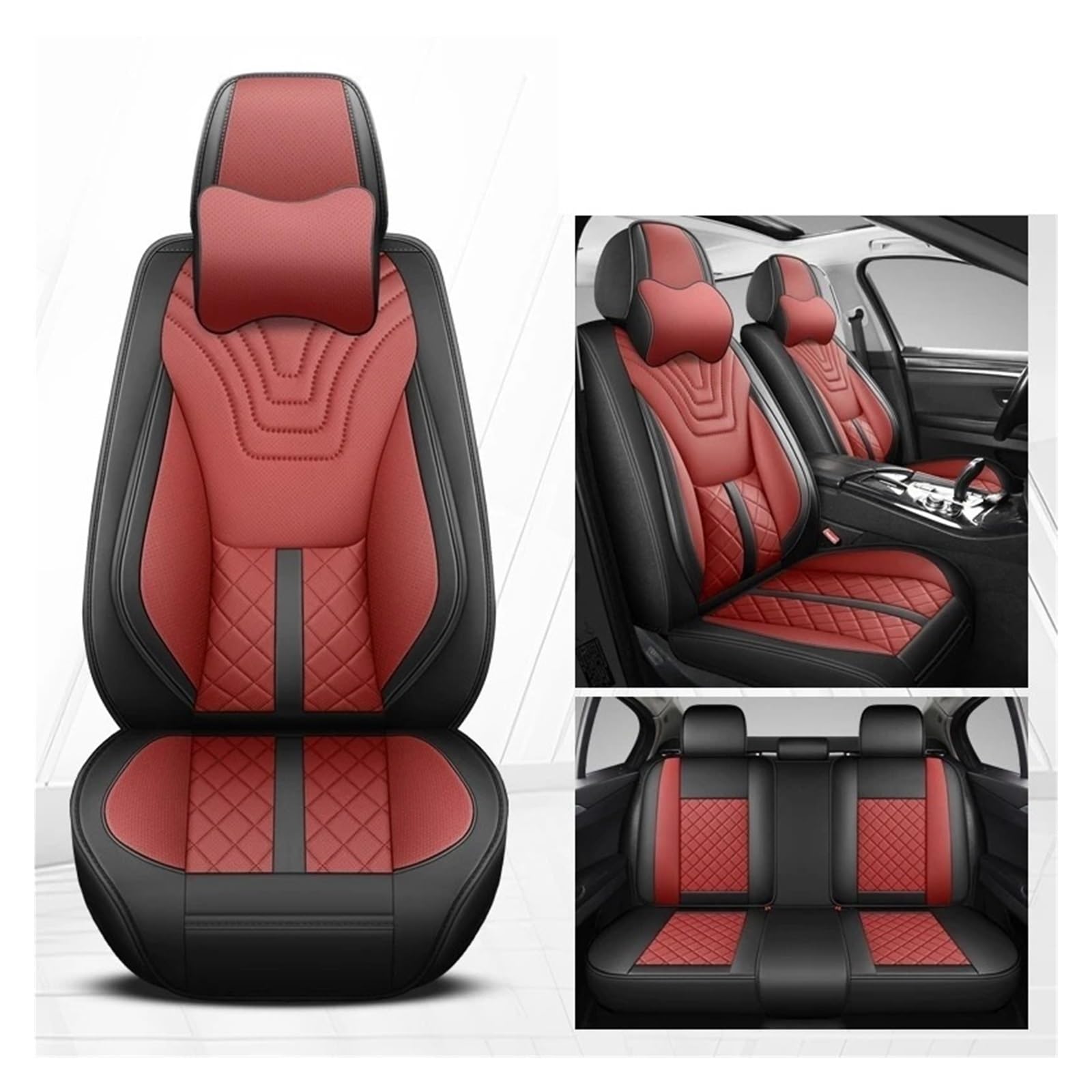 Autositzüberzug Für Daewoo Für Matiz Für Nexia Für Für Kalos Für Evanda Für Magnus Für REXTON Universeller Autositzbezug Aus Leder Auto Schonbezüge(Black red Pillow) von Mfibbmf