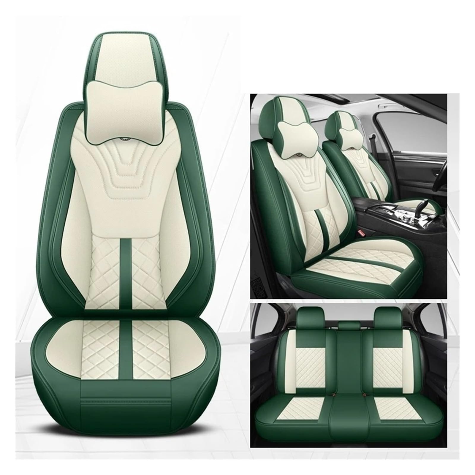 Autositzüberzug Für Daewoo Für Matiz Für Nexia Für Für Kalos Für Evanda Für Magnus Für REXTON Universeller Autositzbezug Aus Leder Auto Schonbezüge(Green White Pillow) von Mfibbmf